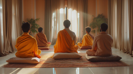 Men in orange meditating in a room