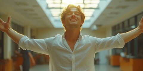 Excited and happy young businessman celebrating success in victory with raised hands, happy proud man professional winner