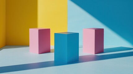 Poster - abstract minimal geometric forms, pastel colors, podiums for product presentation.