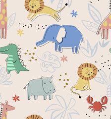 set with tropical animals. creative nursery pencil drawing effect background. perfect for kids desig