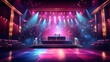 a brilliant karaoke show with spotlights, blazing concert stage lights, bokeh neon glow, glittery nightclub disco, glittery music, live musical rock, and an empty theater club.