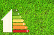Leinwandbild Motiv Top view of energy efficiency chart from cardboard texture on green grass. Eco paper house and energy efficiency symbol and grass. Energy class, go green, bioenergetic and ecology concept