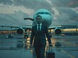 © Restyler - A man in a business suit at the airport with an airplane in the background. Business trips, business and travel.