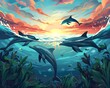 Delfine im Meer Poster / Delfin Wallpaper / Tier und Natur Illustration / Spielende Delfine / 5:4 Format / Ai-Ki generiert