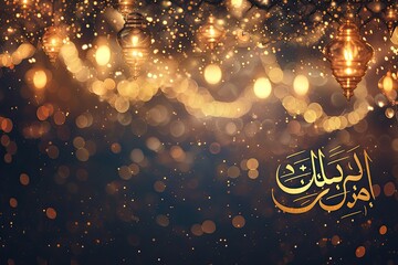 Poster - Bokeh gold lights background with Ramadan greeting written in both English and Arabic
