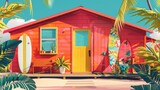 Fototapeta Uliczki - Vibrant Beach Bungalow: Bright Pop Art Illustration of Tropical Prints and Surfboards for Coastal Home Decor and Interior Design