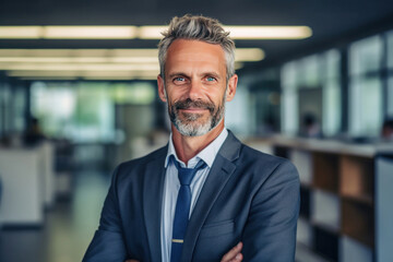 A happy middle aged business man ceo wearing suit standing in office.