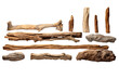 Assorted Driftwood Group. A collection of various types of driftwood arranged together. on a White or Clear Surface PNG Transparent Background.