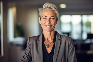 Wall Mural - A happy middle aged business woman ceo wearing suit standing in office.