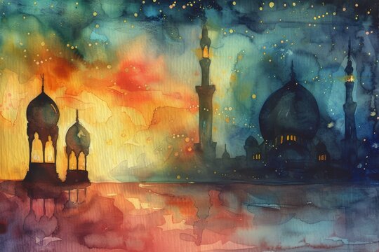 watercolor painting showcasing the peaceful Ramadan nights.