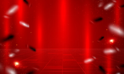 Poster - Abstract futuristic background of red empty stage with light effect and falling confetti, empty scene. Red lights rays Stage. Futuristic glowing design for product display presentation. Vector EPS10.