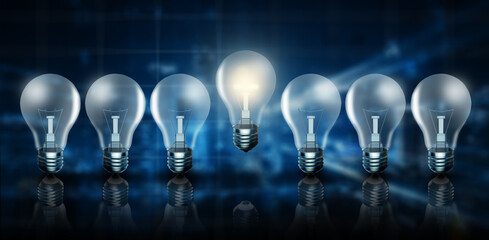 Wall Mural - Illuminated light bulb in a row. One different glowing blue abstract background. Business bright idea, Great idea, Innovation, Creativity, Solution, and imagination Concept. 3D Rendering