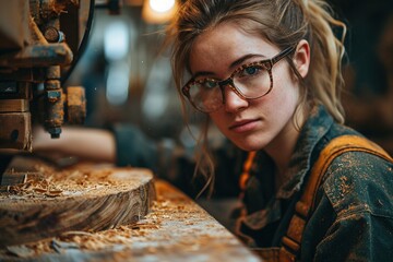 Wall Mural - Young Female Carpenter Working in workshop