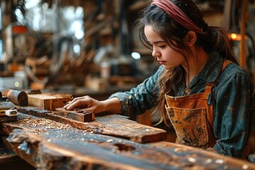 Wall Mural - Young Female Carpenter Working in workshop