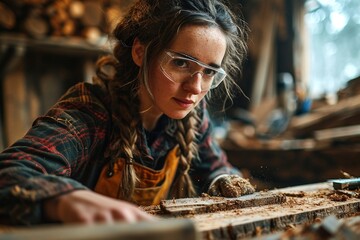 Wall Mural - Young Female Carpenter Working in workshop