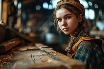 Wall Mural - Young Female Carpenter Working in workshop