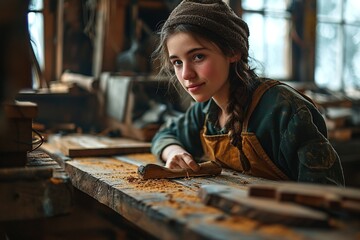 Wall Mural - Young Female Carpenter Working in workshop