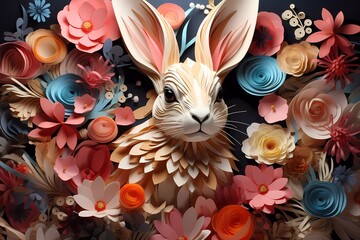 Wall Mural - Easter bunny rabbit head with spring flowers background. Abstract Happy Easter greetings card banner.