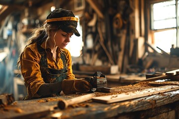 Wall Mural - Young Female Carpenter Working in workshop