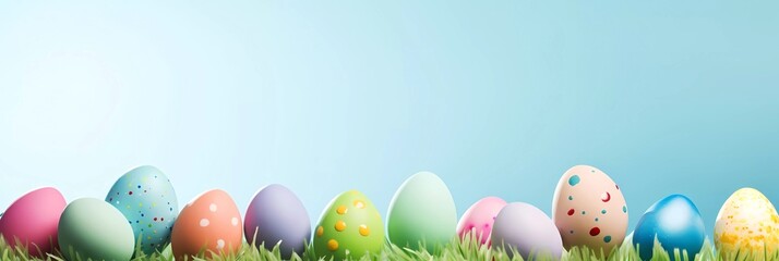 Wall Mural - Easter poster and banner template with Easter eggs and spring flowers on flat background. Copy space for text banner. Greetings and presents for Easter Day. Promotion and shopping template for Easter