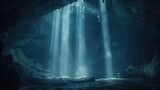 Fototapeta Do przedpokoju - view of a dark cave, with light radiating brilliantly, light radiating from above forming pillars of light in the midst of darkness, Ai generated Images