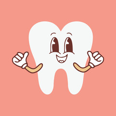 Wall Mural - Groovy tooth cartoon character waving his hand. Funny healthy white molar with happy face, retro cartoon teeth mascot, dentistry and dental care sticker of 70s 80s vector illustration. Vector 