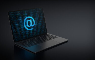 Sticker - Laptop device in the left side positioned diagonally with At-Sign address icon in screen on a dark background. Realistic rendering.