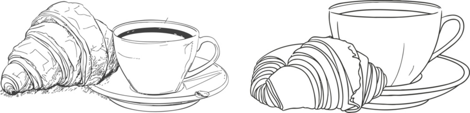 Coffee and croissant continuous line sketch