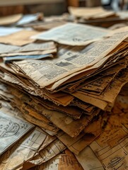 Wall Mural - Old newspapers, receipts, sketches in a pile view from above