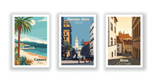Brno, Czech Republic. Buenos Aires, Argentina. Cannes, France - Vintage Travel Poster. High Quality Prints