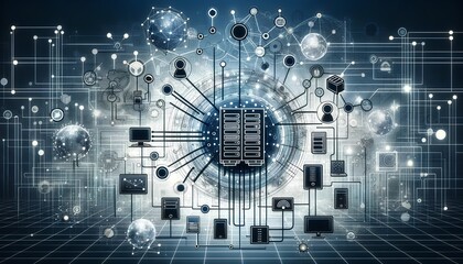 Wall Mural - Process of business digitization, with data being transferred and uploaded to a cloud server for storage and remote access.