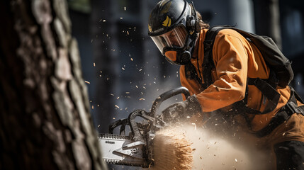 arborist on the tree using chain saw