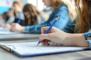 Student Taking Notes in Classroom Setting. Close-up of a student's hand writing detailed notes during a focused classroom lecture session.
