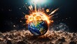 exploding earth reflecting war, blast, climate change, crisis, destruction etc. flame on the globe conceptual image. 