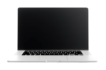 Wall Mural - An open laptop computer is placed on top of a white table. on a White or Clear Surface PNG Transparent Background.