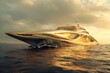 A futuristic luxury mega yacht with golden glass in the ocean