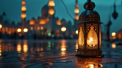 An islamic lantern with a blurred mosque in the background for al fitr and adha eid
