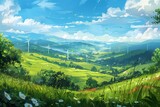 Fototapeta Do pokoju - Green meadows landscape with wind generators in the distance Generative Ai