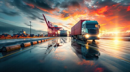 Wall Mural - Container truck in ship port for business Logistics and transportation of Container Cargo ship and Cargo plane with working crane bridge in shipyard at sunrise, logistic import export and transport