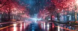 Fototapeta Fototapeta Londyn - Heavenly night city in the spring with blooming trees and reflections on the road Generative Ai