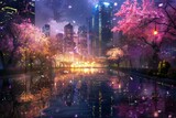 Fototapeta Miasto - Heavenly night city in the spring with blooming trees and reflections on the road Generative Ai