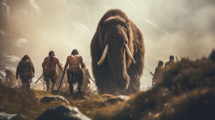 Wall Mural - The woolly mammoth is walking with people in the mountains. Generative AI.