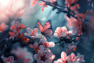Poster - Closeup of a butterfly sitting on a blooming tree. A slide Background showcasing the beauty and uniqueness of life. Nature and biodiversity. Background image. Created with Generative AI technology