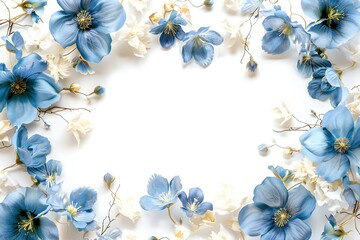 Soft blue empty spring frame with flowers isolated on white background Generative Ai