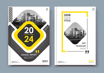 Wall Mural - Abstract a4 brochure cover design. Ad text frame. Urban city view font. Title sheet model. Modern vector front page. Brand logo. Banner texture. Black, white ring figure, Yellow line icon. Flyer fiber