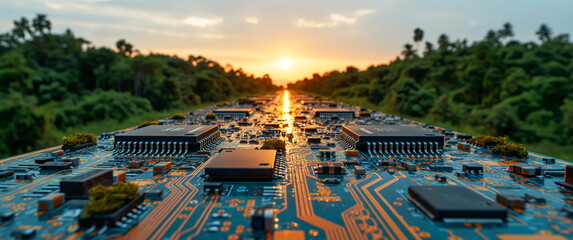 Wall Mural - Electronic circuit board with green vegetation under a sunset sky, blending technology with nature.