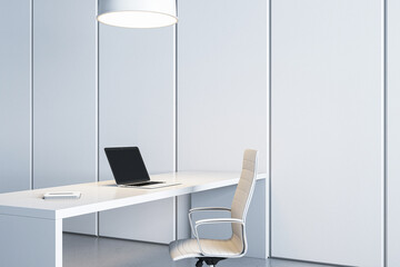 Poster - Stylish modern office setup with white desk, chair and blank screen. Creative space. 3D Rendering