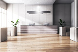 Fototapeta Panele - Clean wooden and concrete office interior with reception desk and sunlight. 3D Rendering.