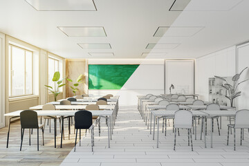 Aufkleber - Modern classroom interior transitioning to a wireframe design, innovative educational concept. 3D Rendering