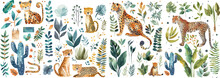 Watercolor Wild Cats And Tropical Foliage Collection. Hand-painted Watercolor Set Featuring Charming Wild Cats, Cacti, And Lush Tropical Leaves, Perfect For Creative Designs.